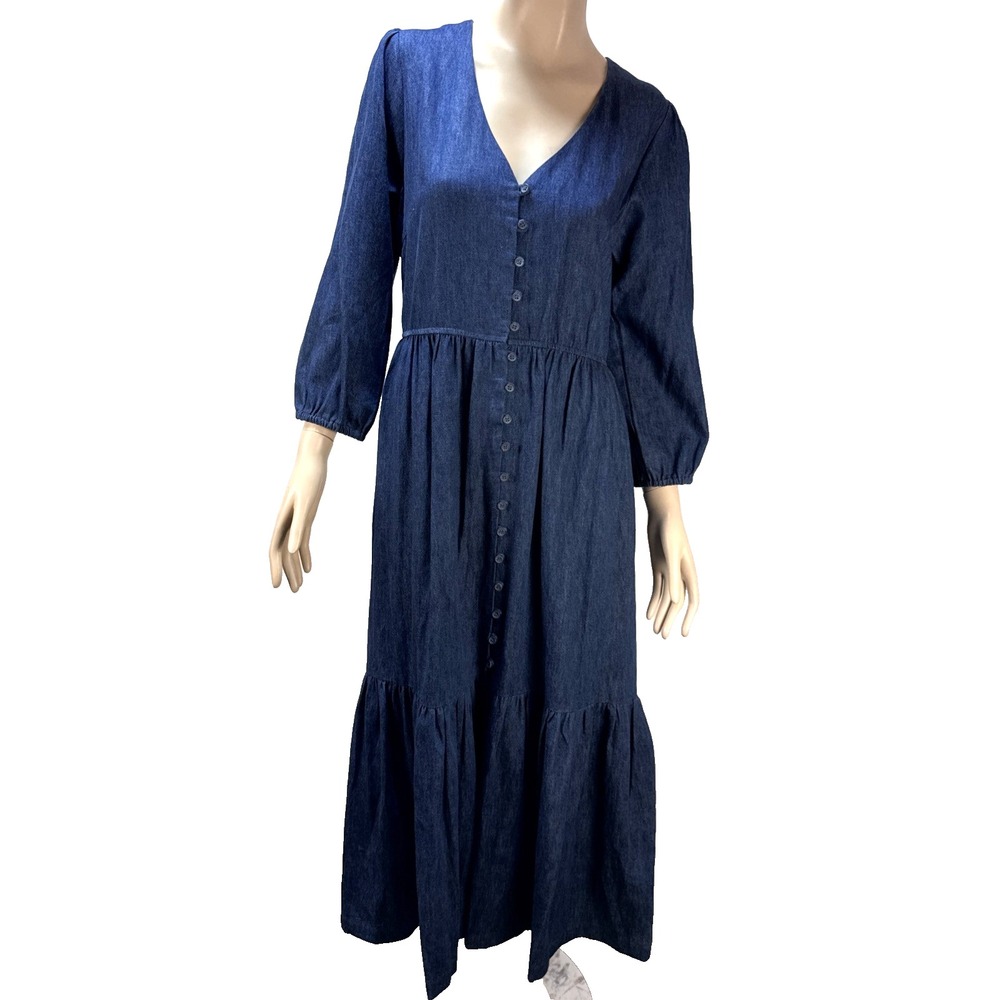 Emerson Fry Atelier Tier Dress Size M Indigo Hemp Cotton Pockets Long Sleeves